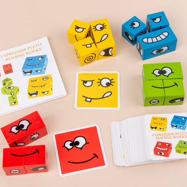 Expressions Matching Block Wooden Puzzles Building Cubes Games Toy 2