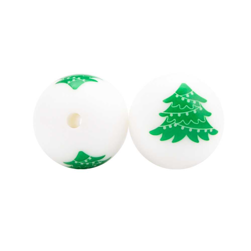 Christmas Trees 15mm Silicone Beads, Print Wholesale Loose Round